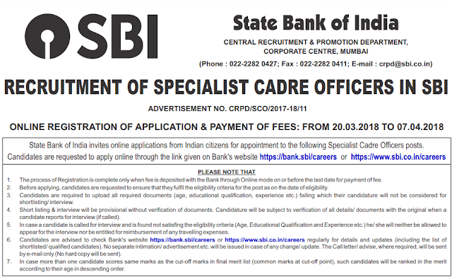 SBI SO Official Notification 2018 (119 Posts)
