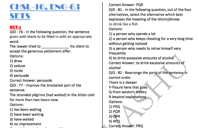 SSC CHSL 2016 English Compilation with Answers (63 Sets)