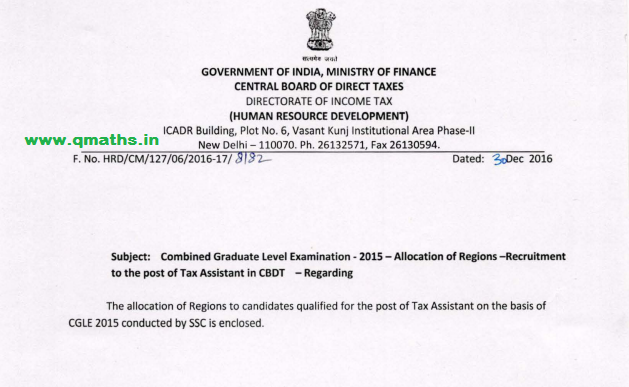 TA CBDT Allocation List for SSC CGL 2015 Download PDF