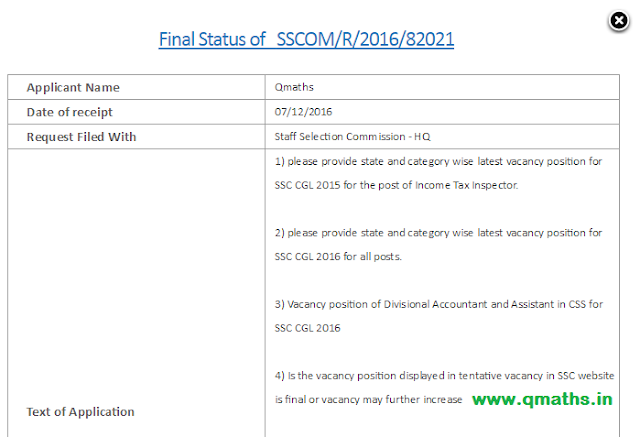 SSC CGL 2016 Vacancy Position RTI Reply (07.12.2016)