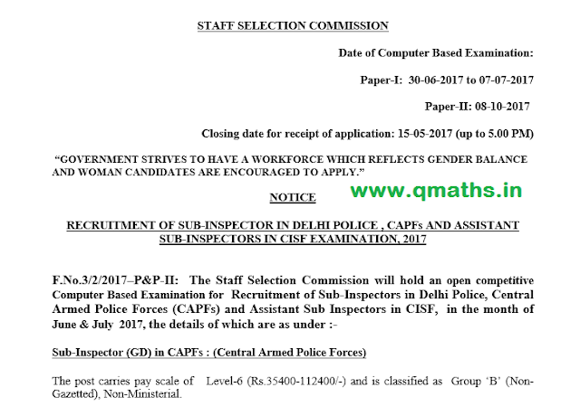 SSC CPO CAPF 2017 official Notification Published Download PDF