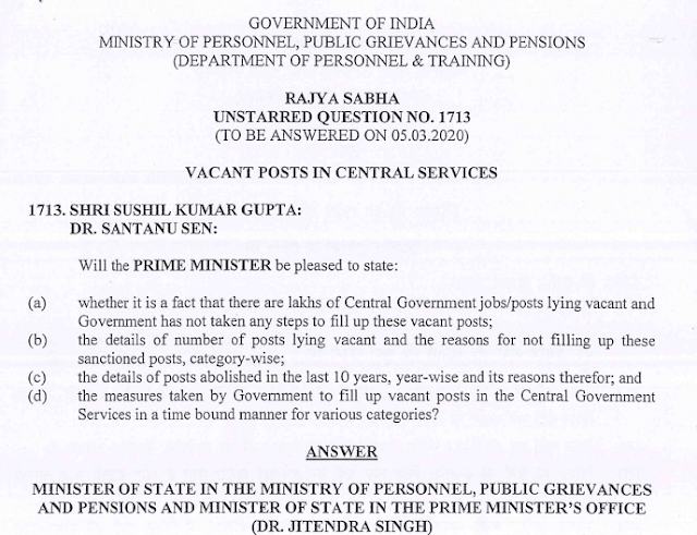 There are 6,83,823 Vacant Posts in Central Govt. (as on 05.03.2020)