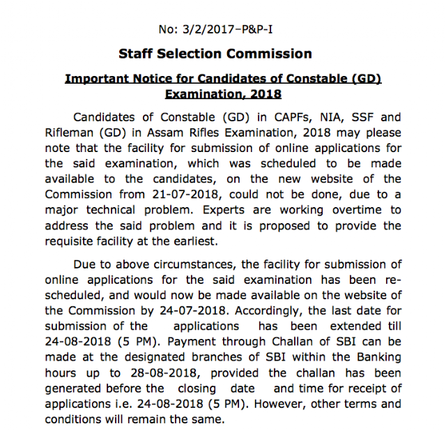 SSC Notice for Rescheduled Constable GD 2018 Application Date