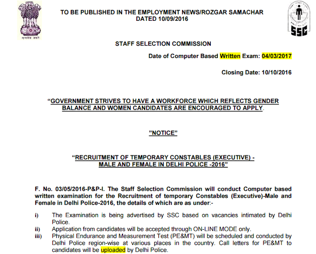 SSC Delhi Police Constable Notification 2016 PDF Download