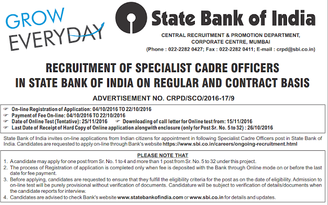 Recruitment of SBI Specialist Officers 2016-17 on regular and Contract basis