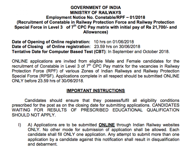 RRB RPF 2018 SI and Constable Recruitment Notification PDF Download