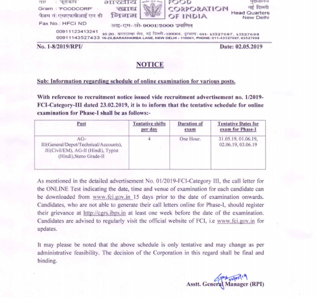 FCI Notice Regarding Schedule of Examination for Various Posts (01/2019)