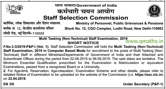 SSC MTS 2019 Recruitment Notification Short Notice