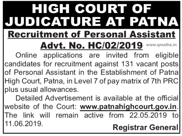 Patna High Court Recruitment 2019 for 131 Personal Assistant
