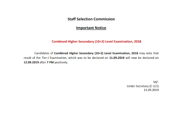 SSC CHSL 2018 Tier 1 result will be declared on 12-09-2019