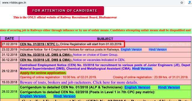 RRB Railways NTPC 2019 Notification will be published on 01.03.2019