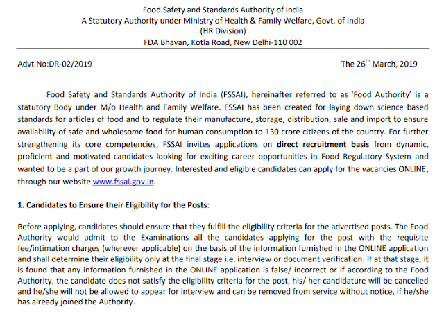 FSSAI Recruitment Notification 2019 for 275 Posts PDF Download