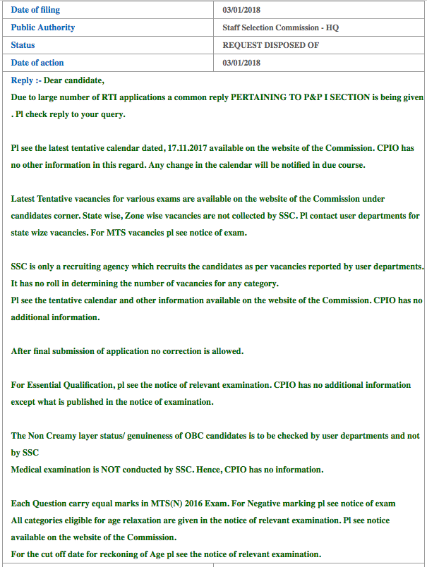 RTI Reply Regarding Multiple Queries of SSC Exams (03.01.2018)