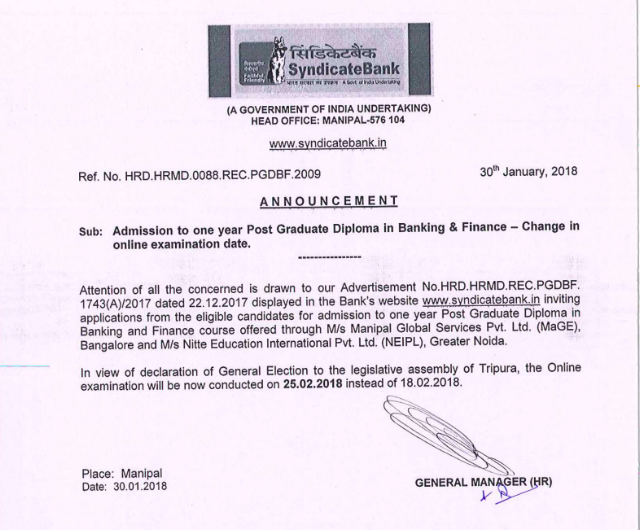 Syndicate Bank Recruitment Exam Postponed to 25.02.2018