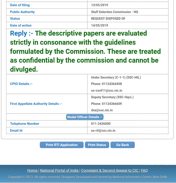 SSC Descriptive Paper Guidelines are Confidential in Nature: RTI Reply (14.05.2019)