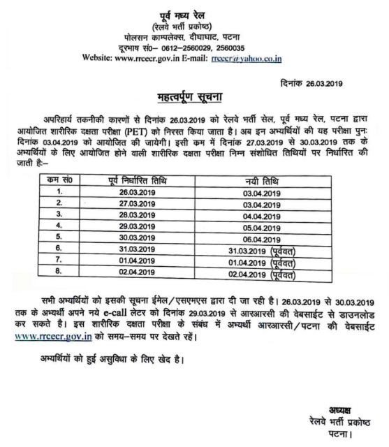 RRB Group D PET Cancelled from 26th to 30th March 2019 (Patna Zone)
