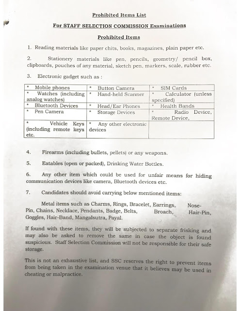 SSC NWR Notice Regarding List of Prohibited items in SSC Exams