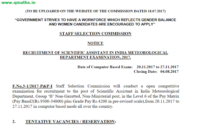 SSC Recruitment Notification for Scientific Assistant 2017 (Meteorological Department -IMD) PDF