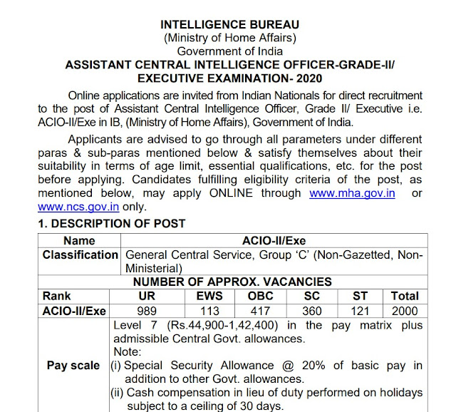 MHA IB ACIO-II 2020 Exam Official Notification PDF Download