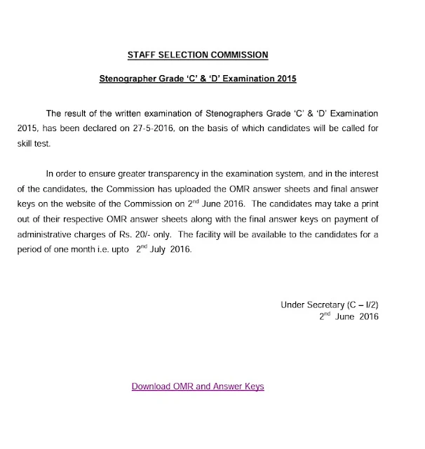 SSC steno 2015 OMR and Answer Sheet Download
