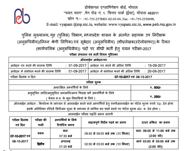 MP Peb Police Sub Inspector, LDC, Stenographer Recruitment Notification