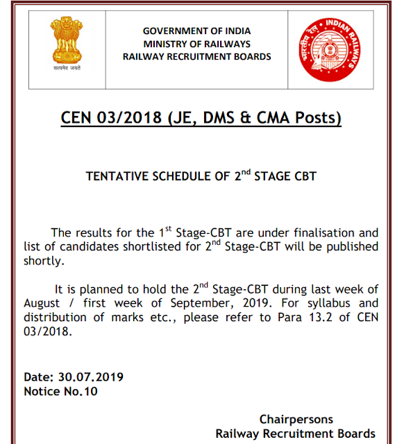 RRB Notice Regarding JE-2018 Result and Schedule for 2nd Stage