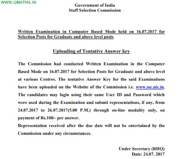 SSC Released Answer Keys of Selection Post Exam held on 17 July 2017