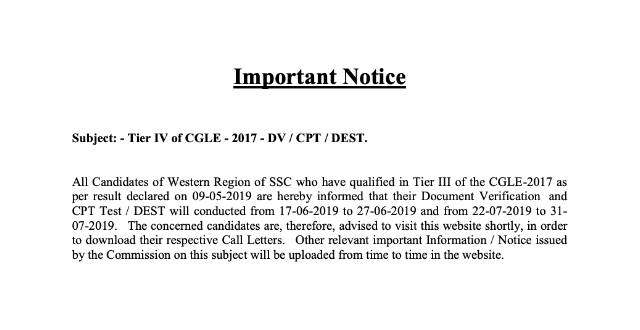 SSC WR Notice regarding Tier IV of SSC CGL 2017 (DV/CPT/DEST)