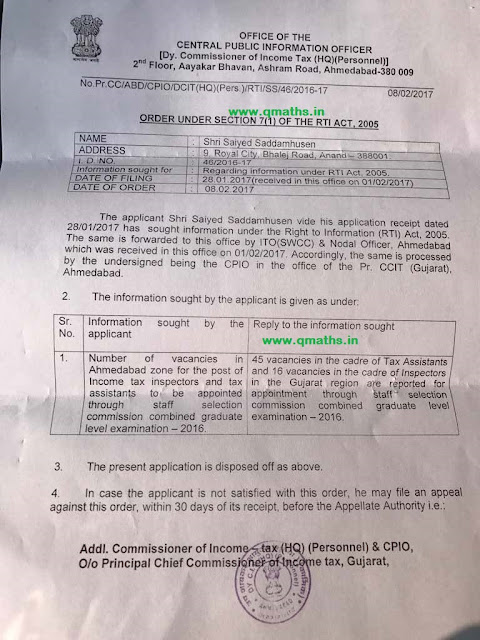 New RTI Reply Regarding ITI & TA Ahmedabad Zone Vacancy for CGL 2016
