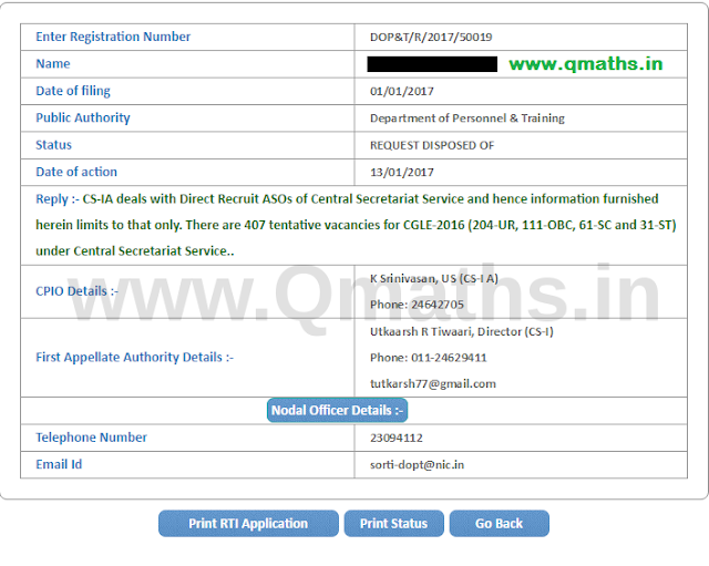 Assistant CSS (ASO) Vacancy through SSC CGL 2016 : RTI Reply (13-01-2017)