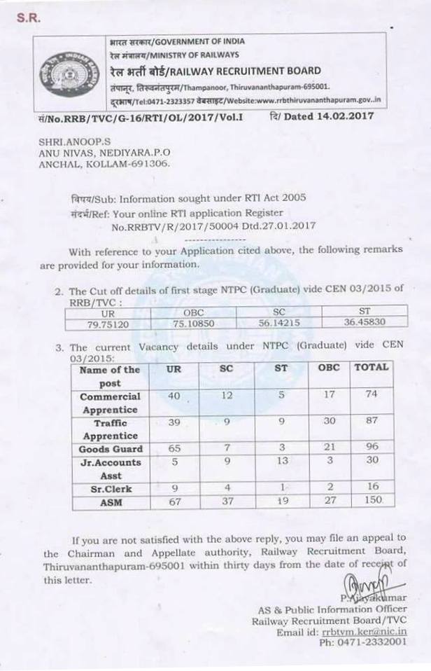 RTI Reply Regarding Vacancy of RRB Tiruvanathpuram (14-02-2017)
