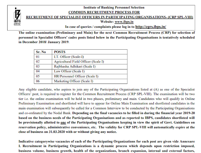 IBPS SO 2018 CRP SPL VIII Recruitment Notification PDF