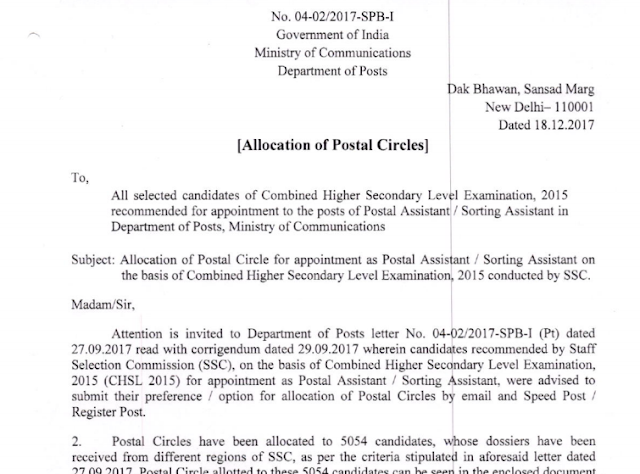 SSC CHSL 2015 PA SA Postal Circle Allocation PDF