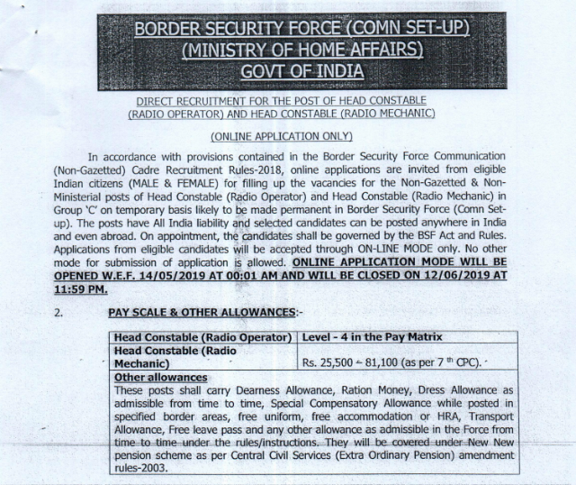 BSF Head Constable Recruitment Notification (772 Vacancies)