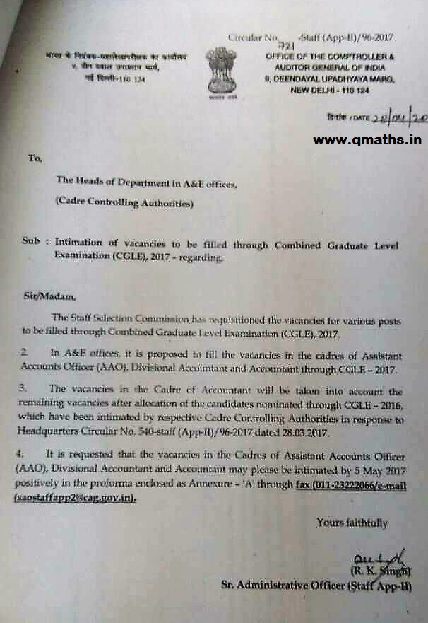 CAG Sent Intimation Letters to All HODs for SSC CGL 2017 Vacancy.