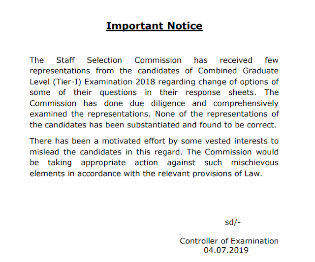 SSC Notice Regarding Change of Options in CGL 2018