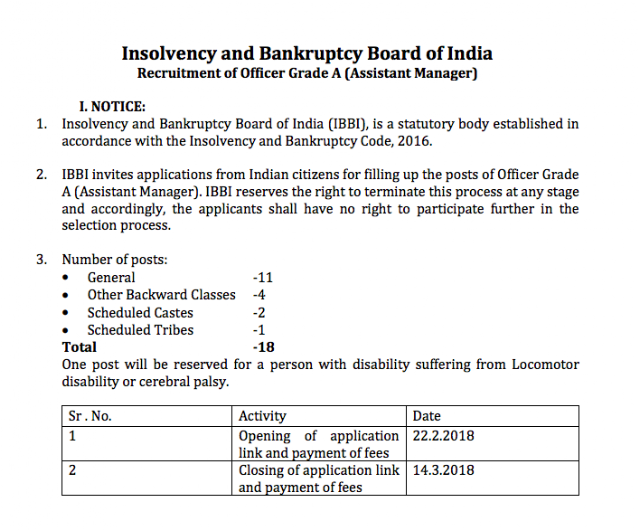 IBBI Assistant Manager 2018 (Grade A Officer) Recruitment Notification PDF