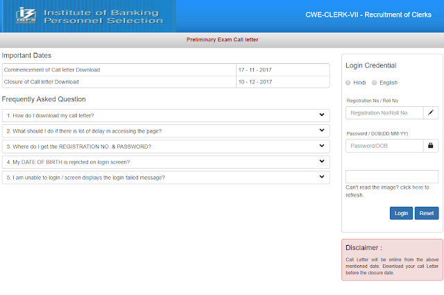 IBPS Clerk 2017 Prelims Call Letter Download Here