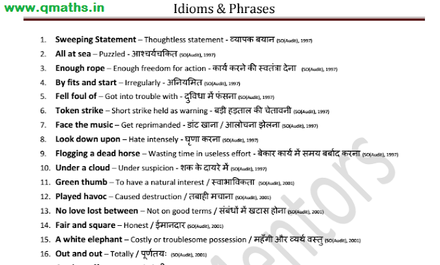 Idioms and Phrases asked in SSC Exams till 2016 (with Hindi Meanings) PDF Download