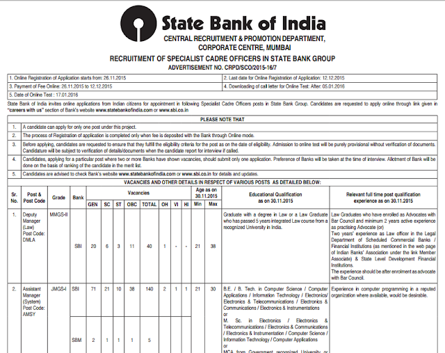 SBI SO Specialist officers 2016 Notification pdf download