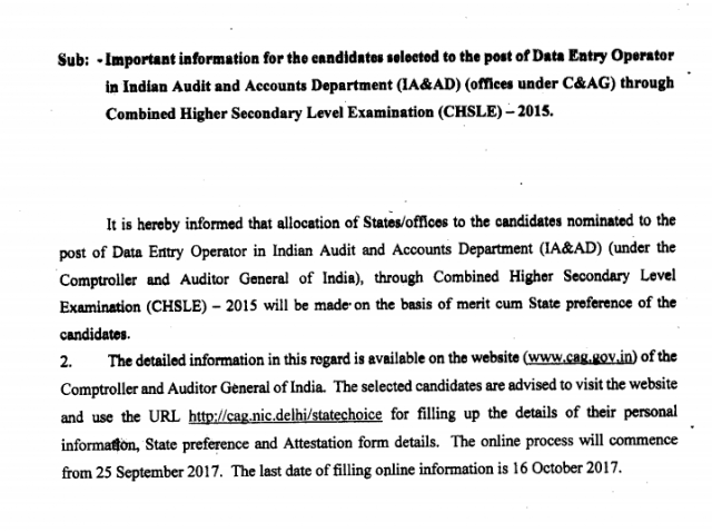 SSC CHSL 2015 CAG State Preference Notice PDF