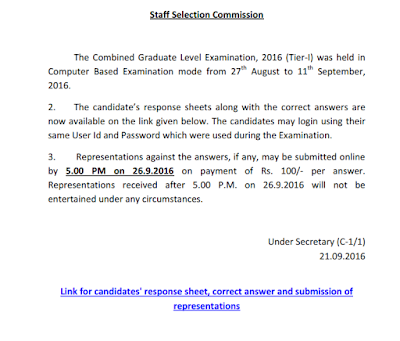 SSC CGLE 2016 Tier 1 Answer Key Click Here to Check