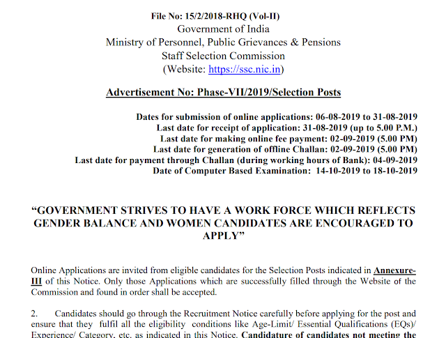 SSC Selection Posts VII/2019 Recruitment Notification PDF Download