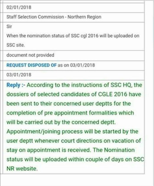 SSC CGL 2016 Nomination and Appointment RTI Reply (SSC NR)
