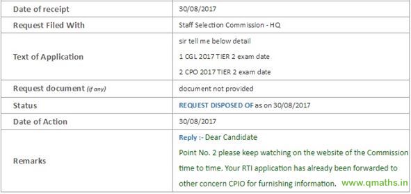 SSC CGL 2017 Tier-2 Date : RTI Reply (30-08-2017)