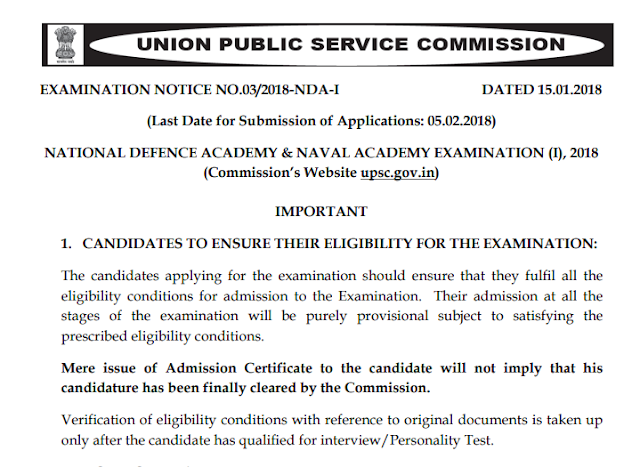 UPSC NDA (I) 2018 Notification Pdf Download