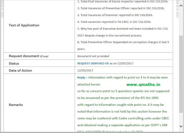 RTI Reply Regarding Multiple Queries for SSC CGL 2016 (22.05.2017)