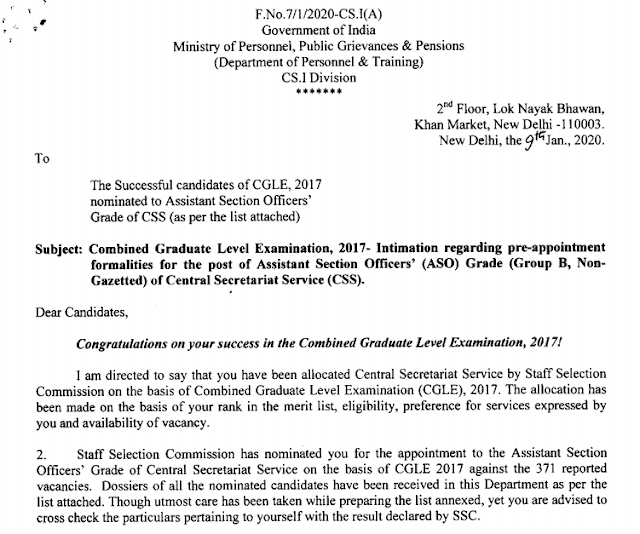 DoPT Notice for ASO in CSS Selected through SSC CGL 2017