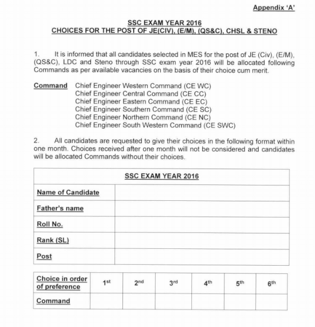 MES Command option form for SSC 2016 Exam Candidates (JE, CHSL, Steno)