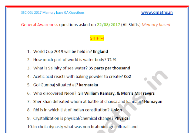 SSC CGL 2017 GK/GA Questions with Answers till date PDF Download